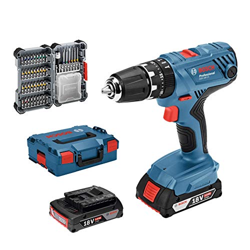 Bosch Professional 18V System Akku Schlagbohrschrauber GSB 18V-21 (inkl. 2x2,0 Ah Akku, 40tlg. Zubehör Set, in L-BOXX) - Amazon Exclusive