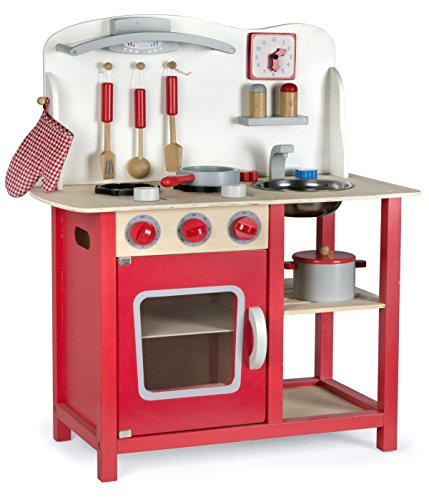 Leomark Classic Spielküche aus Holz - Farbe Rot - Kinderküche mit Zubehör, Holzküchemit Waschbecken, Pfanne, Backofen, Kochtopf, Küchenhelfern, Uhr, Funktionale Bunte Spielzeug, für Mädchen und Jungen, Höhe 75 cm